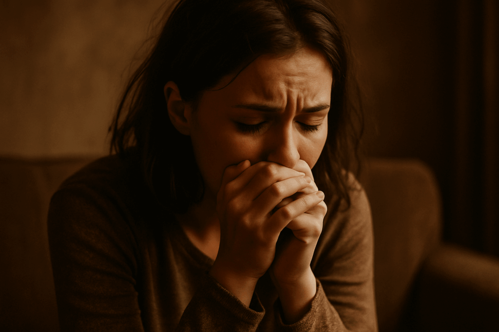 Femme en proie à une crise d’angoisse, les mains devant la bouche, visage tendu et inquiet