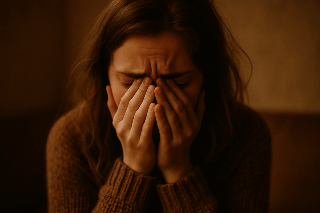 Femme en pleine angoisse, les mains couvrant le visage, exprimant stress et détresse émotionnelle
